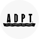 The ADPT logo, which is the brand name in black text. Underneath is a black strip with white text that reads, 'All day, purpose, and terrain'.