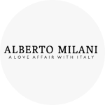 The Alberto Milani logo, which is the brand name written in black text with text beneath reading 'A love affair with Italy'.