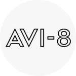 The Avi-8 logo, which is the brand name written in black outlined text.