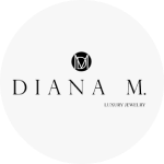 The Diana M. Jewels logo, which is the brand name in black text. Above it is a black filled circle with the letters D, M, and J in white text overlapping each other.