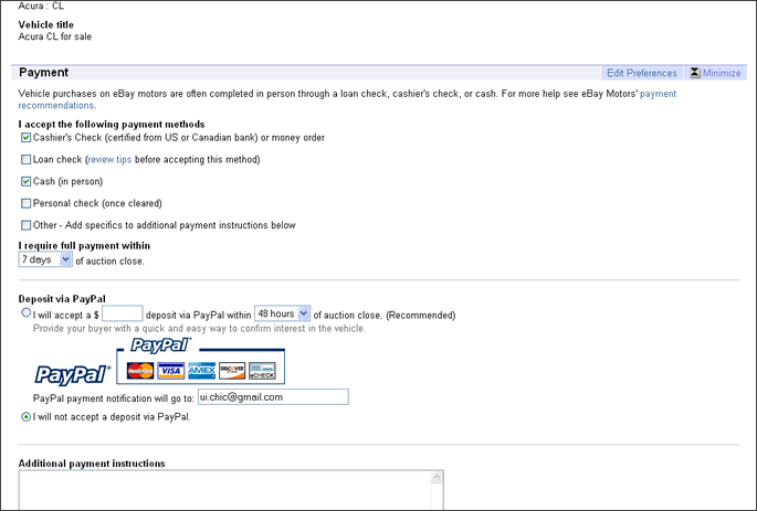 eBay Motors How to Sell a Vehicle Set Terms of Sale