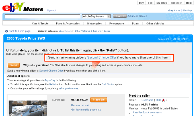 eBay Motors How to Sell a Vehicle Use Second Chance Offer or