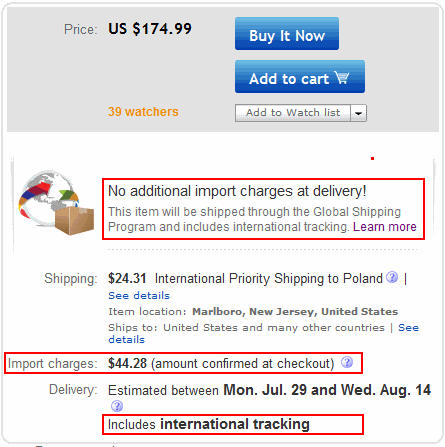 Aukcja z programu wysyłki międzynarodowej na eBay.com