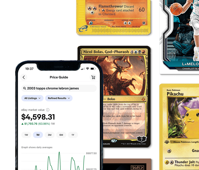 Several types of trading cards and a cell phone displaying the Trading Cards Price Guide beta screen on a teal background.