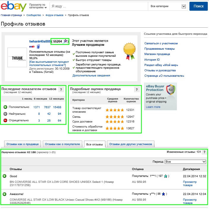 Профиль отзывов пользователя eBay