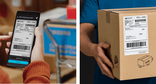 person viewing shipping label on phone on left and hand carrying labeled shipping box on right