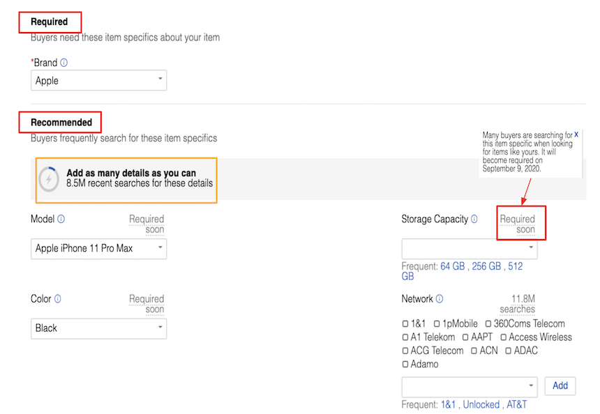 Screenshot of a listing flow showing item specifics split into Required and Recommended sections.