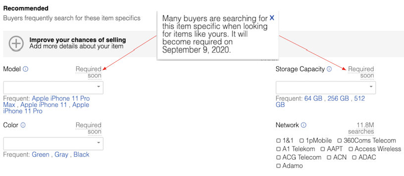 Screenshot of a listing flow demonstrating the "Required soon" label above some item specifics. 