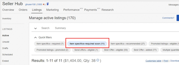 Screenshot of the Seller Hub Active Listings page. Under "Quick filters," "Item specifics - required soon" is selected.