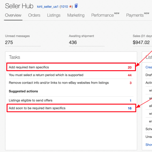 Screenshot of Seller Hub Overview page Tasks Module with tasks to "Add required item specifics" and "Add soon to be required item specifics."