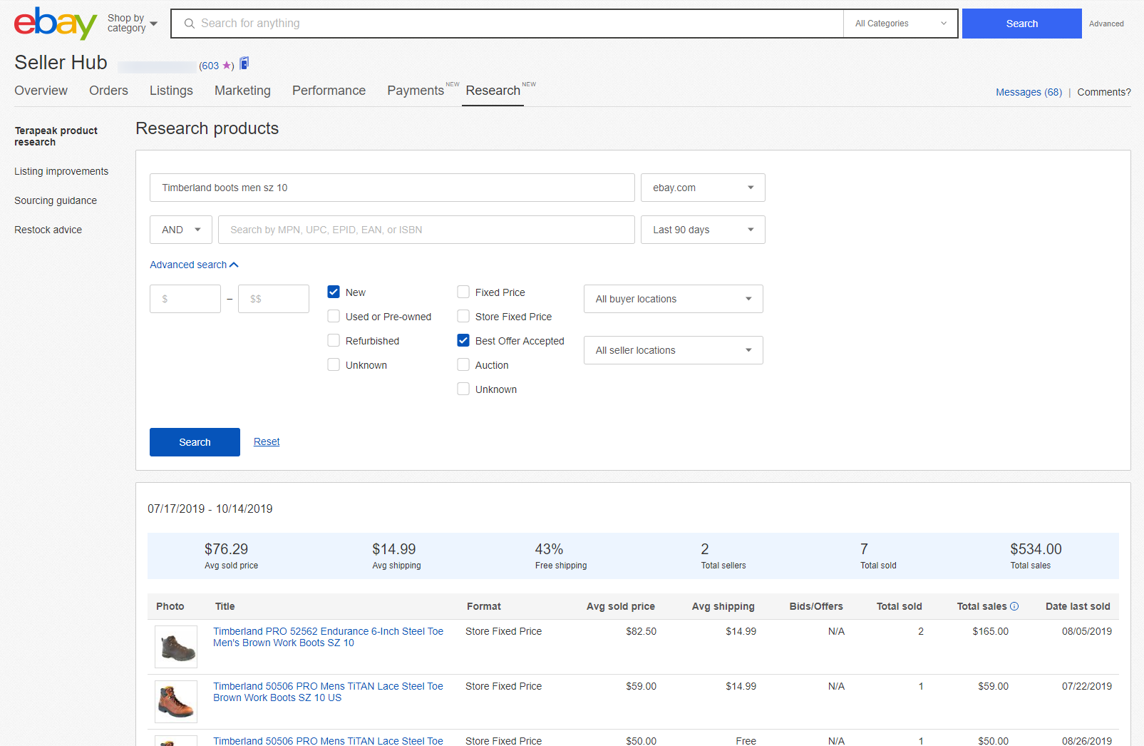 Seller Hub - Terapeak product research