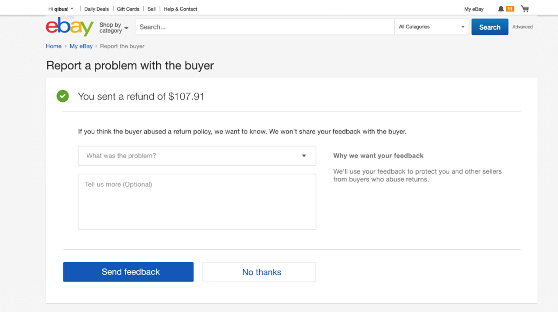 Screenshot showing the need to report a problem with the buyer link