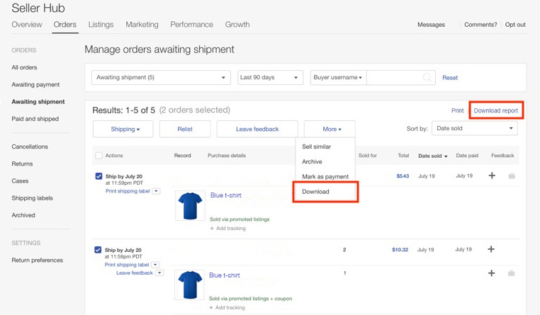 Screenshot of Seller Hub Orders - Manage orders awaiting shipment. "Download" report is shown in top right and under the "More" dropdown