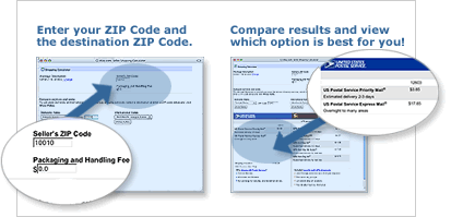 Blue and white Depiction of two computer screens. The first screen is entitled Enter Your Zip Code and the Destination Zip Code and has a bubble on the computer screen on the top right column which is magnified in a bubble to indicate where this would be done. The second screen is called Compare results and view which option is best for you! This one has a zoomed in bubble in the middle of the left column.