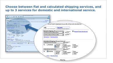Blue and white depiction of a computer screen entitled Choose between flat and calculated shipping services and up to 3 services for Domestic and International service. It has a bubble zooming in to the top left part of the screen where there appears to be a list box or similar control.