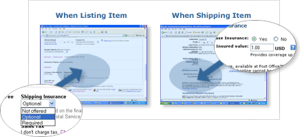 Blue and white Depiction of two computer screens.  The first screen is entitled when Listing item and it has a zoomed in bubble in middle of the left column showing a listbox form control. The second is called when shipping item. This one has a magnifier in the middle of the left column on the screen as well with two radio buttons and a numeric input box.
