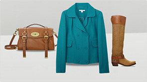 Purse, woman's coat and a woman's boot