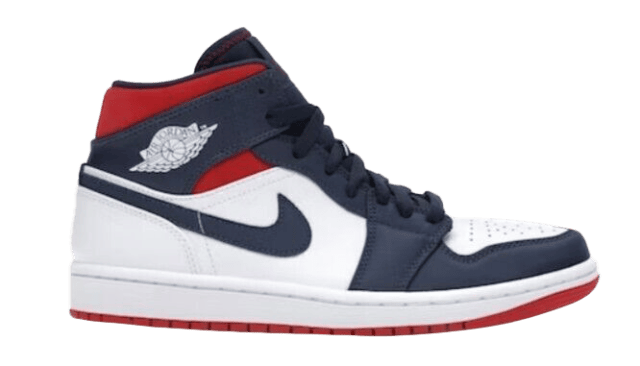 navy blue white and red jordans