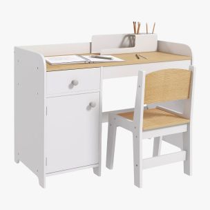 White wooden desk and chair.