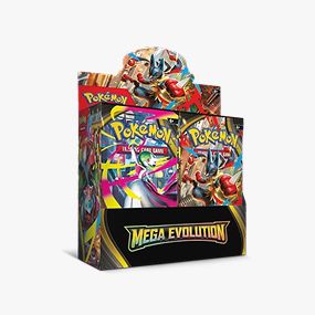 A Pokémon TCG Mega Evolution enhanced booster box against a light gray background.