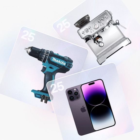 Makita power tool, iPhone and coffee machine in separate cards with the number 25 in the top corner.
