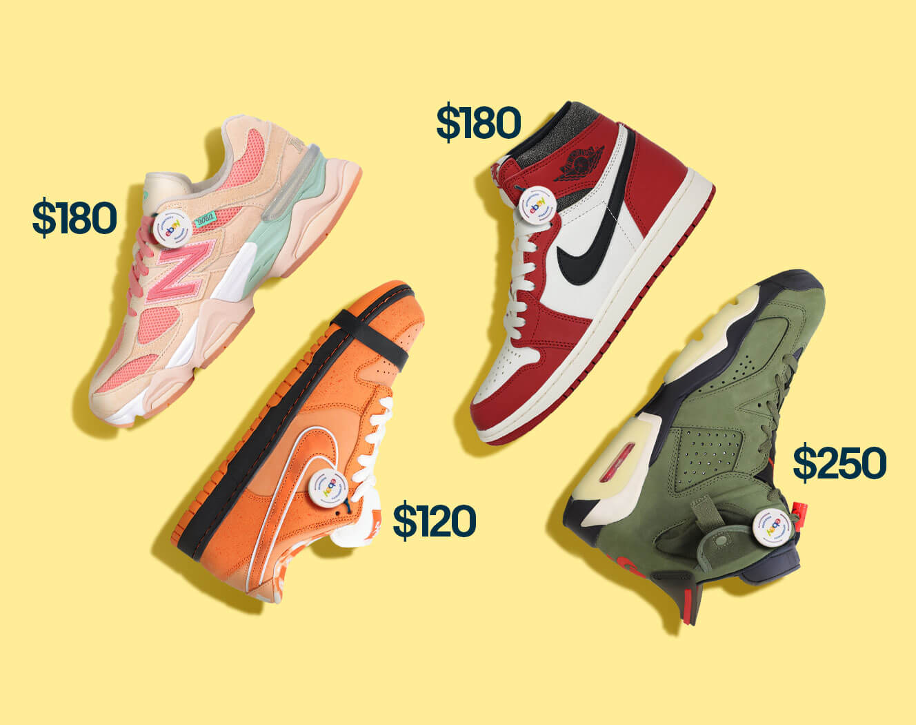 $180 New Balance 9060 Joe Fresh Goods Inside Voices Penny Cookie Pink, $120 Nike Dunk SB Orange Lobster, $180 New Balance 9060 Joe Fresh Goods Inside Voices Penny Cookie Pink, and $250 Jordan 6 Retro Travis Scott Olive Green sneakers on a light yellow background.
