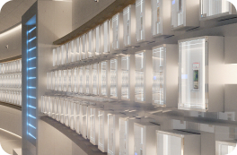 Cards stored in secured glass boxes in a store