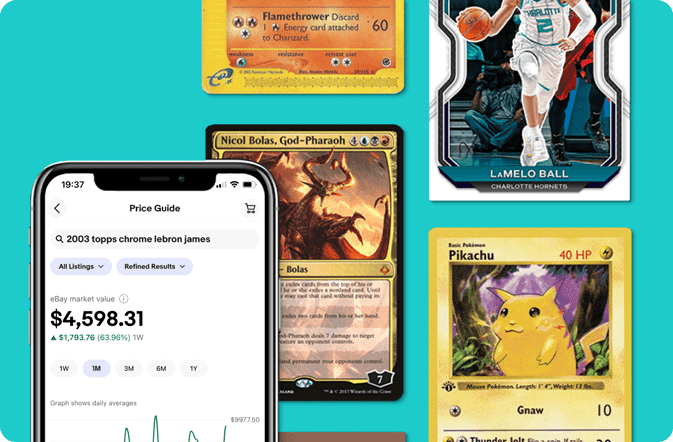 A smartphone with the eBay app open, next to several trading cards.
