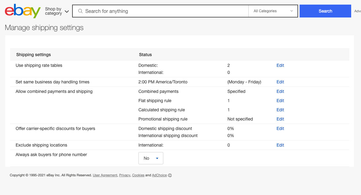 Screenshot of manage shipping settings page