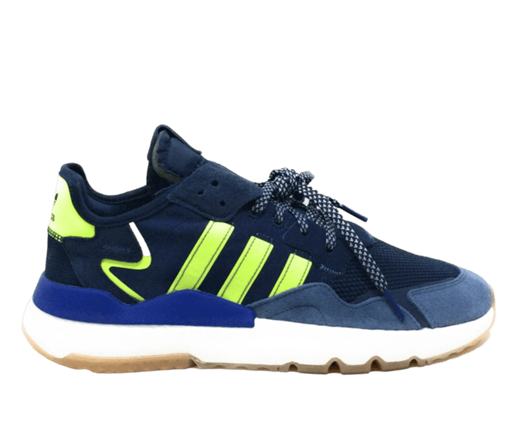 Side view of a navy blue adidas sneaker with a white sole and neon-green detailing on the side and top of the heel.