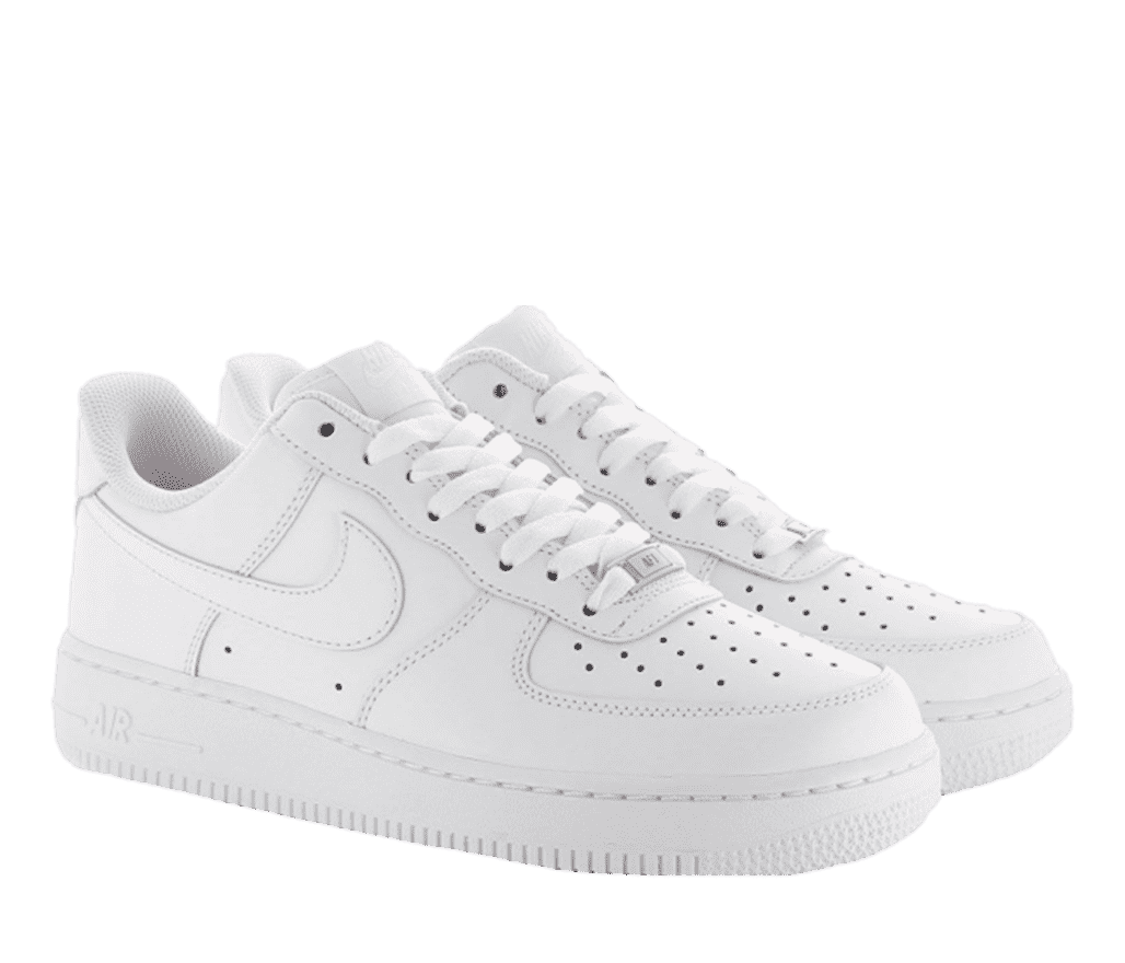 Front left angled view of a pair of completely white Air Force 1s.