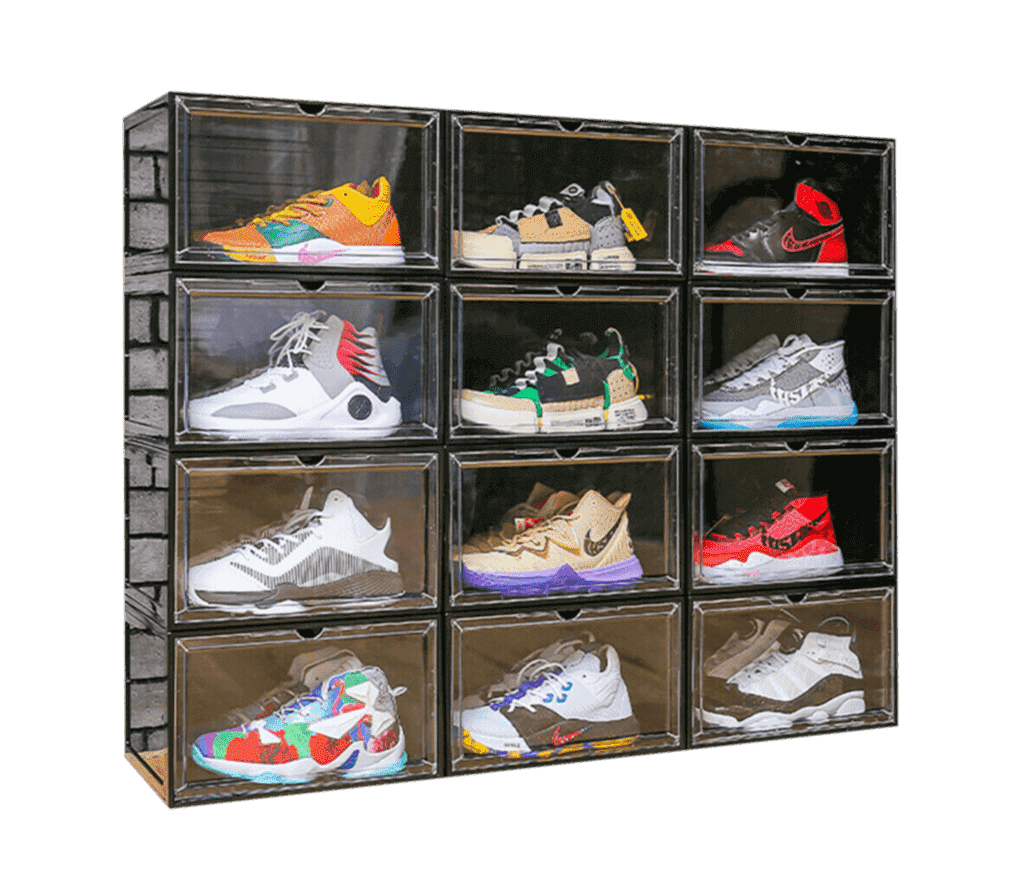 A display case of twelve multi-colored, high top sneakers.