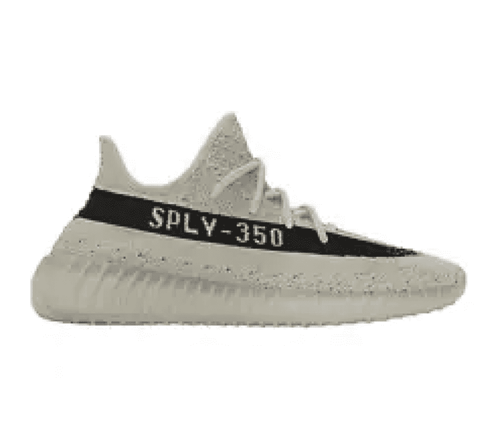 Side view of an off-white Yeezy with a solid black line and SPLY-350 in off-white spelt across it.