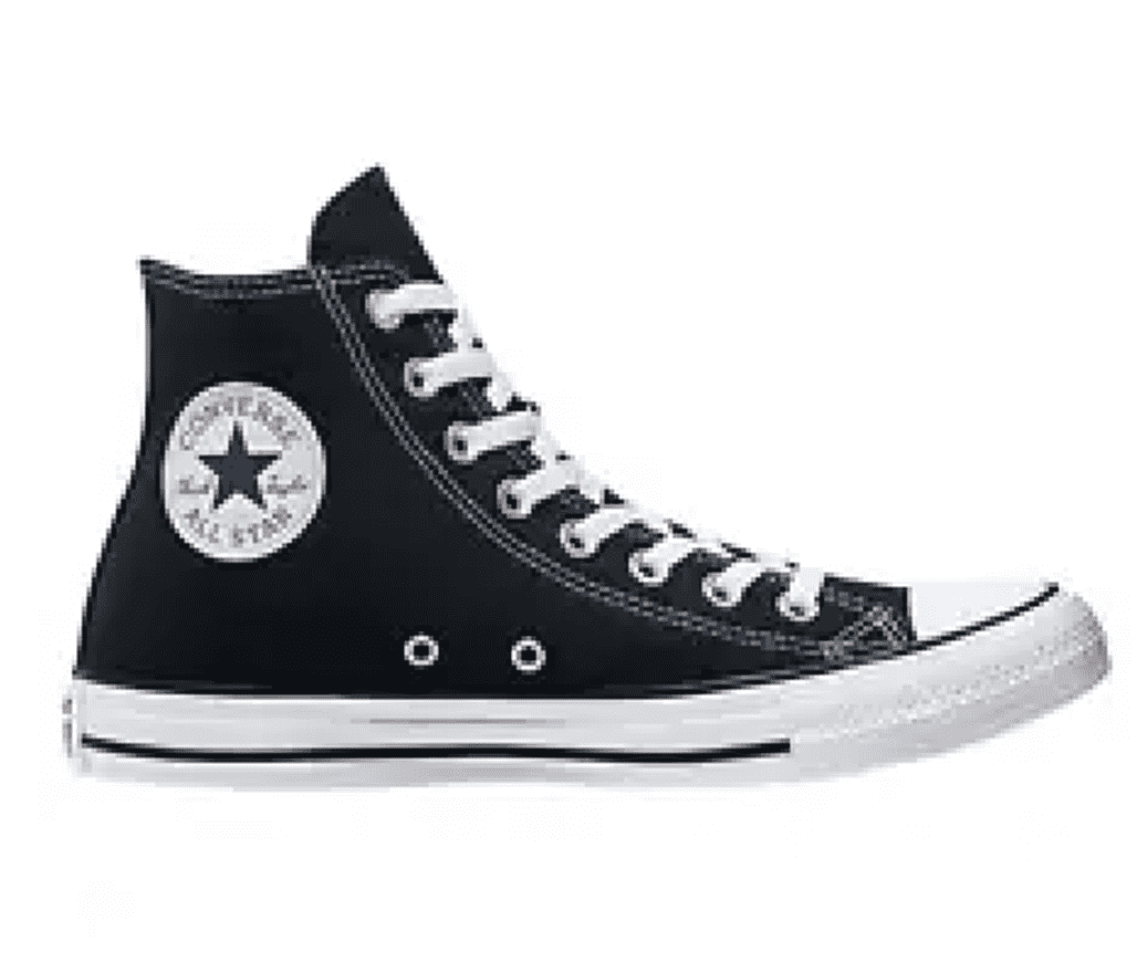 Side view of a traditional style black converse high top with a white sole, toe cover, laces, and the All-Star symbol on the side.
