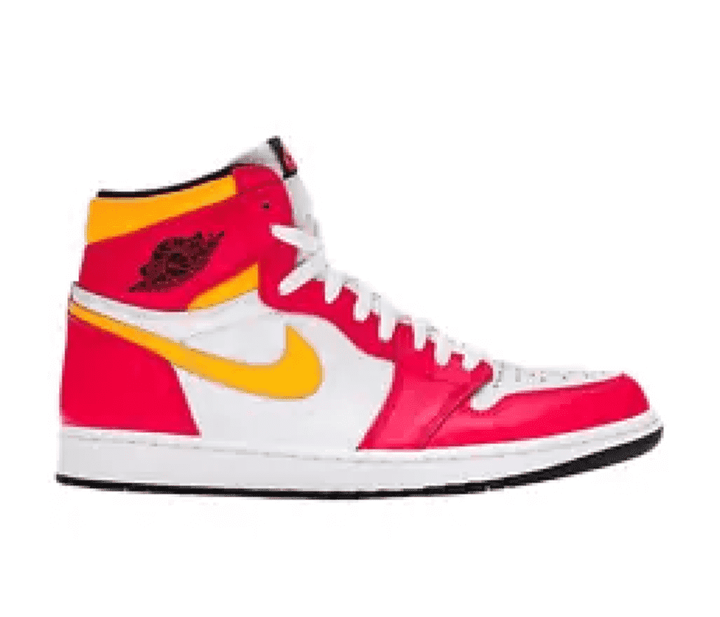 Side view of a red and white Air Jordan 1 with a yellow swosh and yellow detailing at the top of the heel.