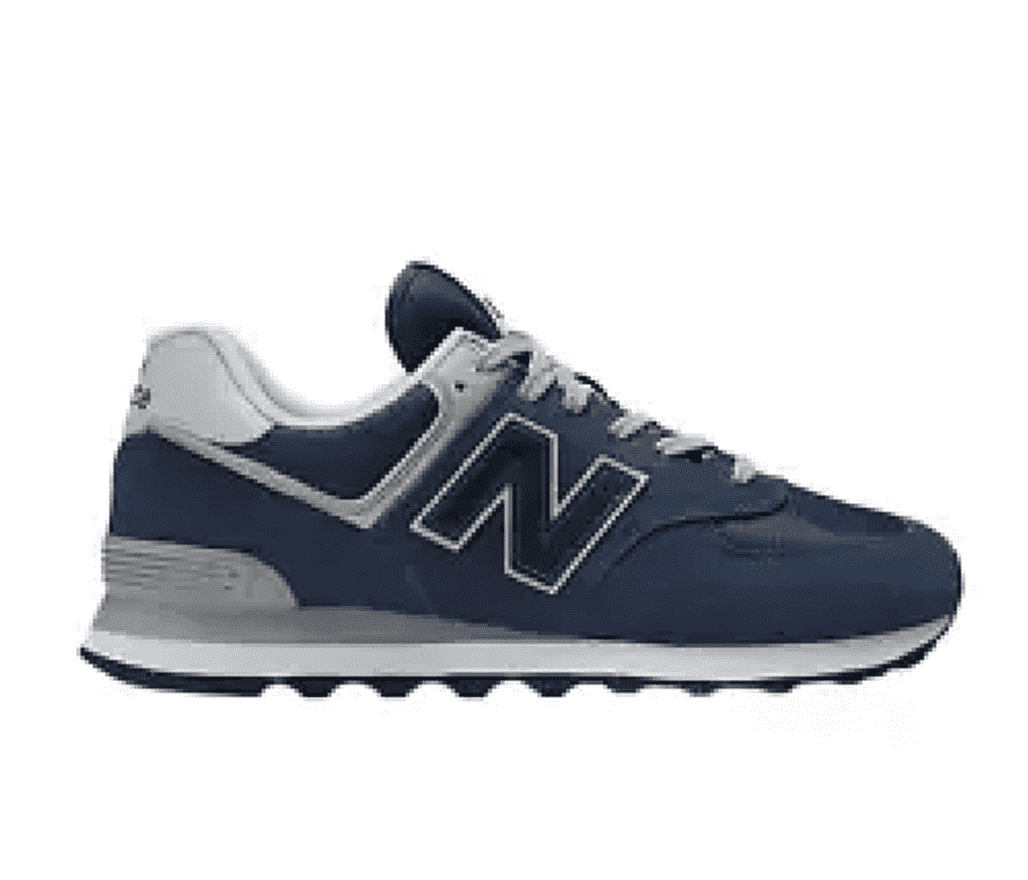 Side view of a New Balance sneaker mostly navy blue with some grey detailing at the heel and laces.