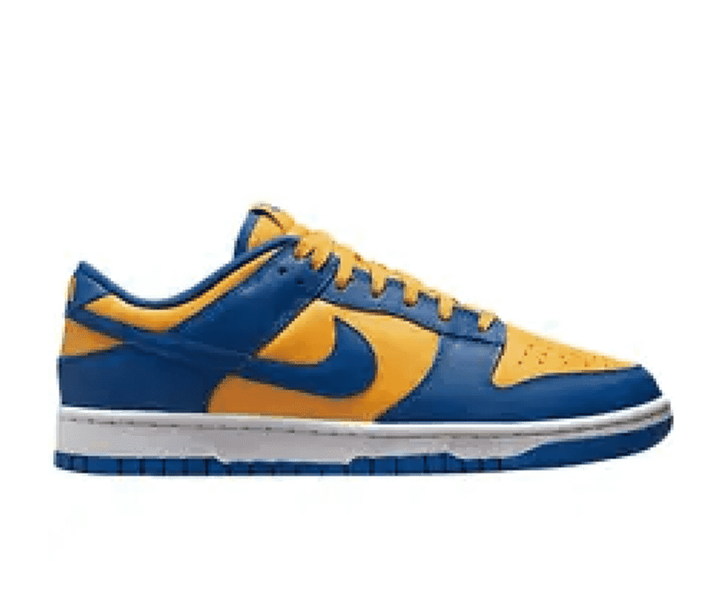 Side view of blue and yellow low top Nike sneaker.