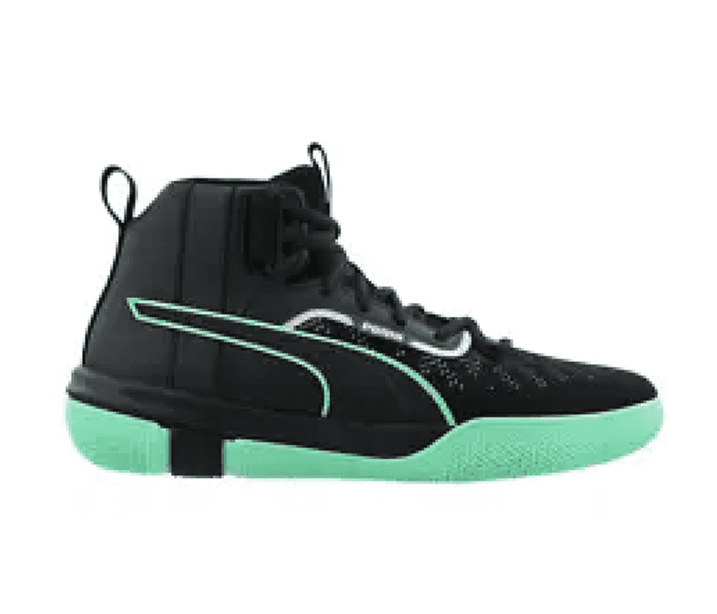 Side view of a black PUMA high top with a sea foam green sole and sea foam green line of detailing.