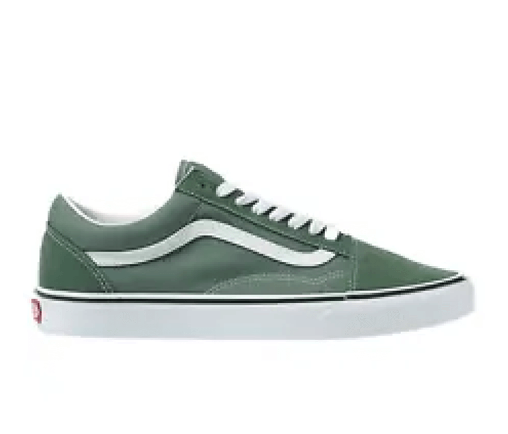 Side view of a low top olive green Vans sneaker with white sole, detailing, and laces.