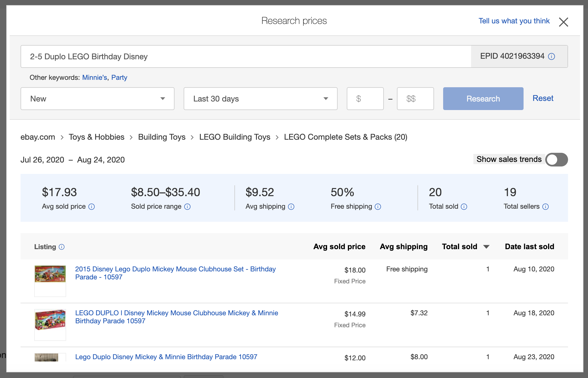 Screenshot of using Terapeak to research prices. 
