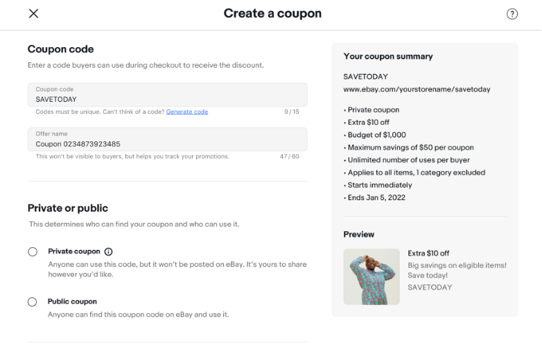 Screenshot of product flow for creating a coded coupon