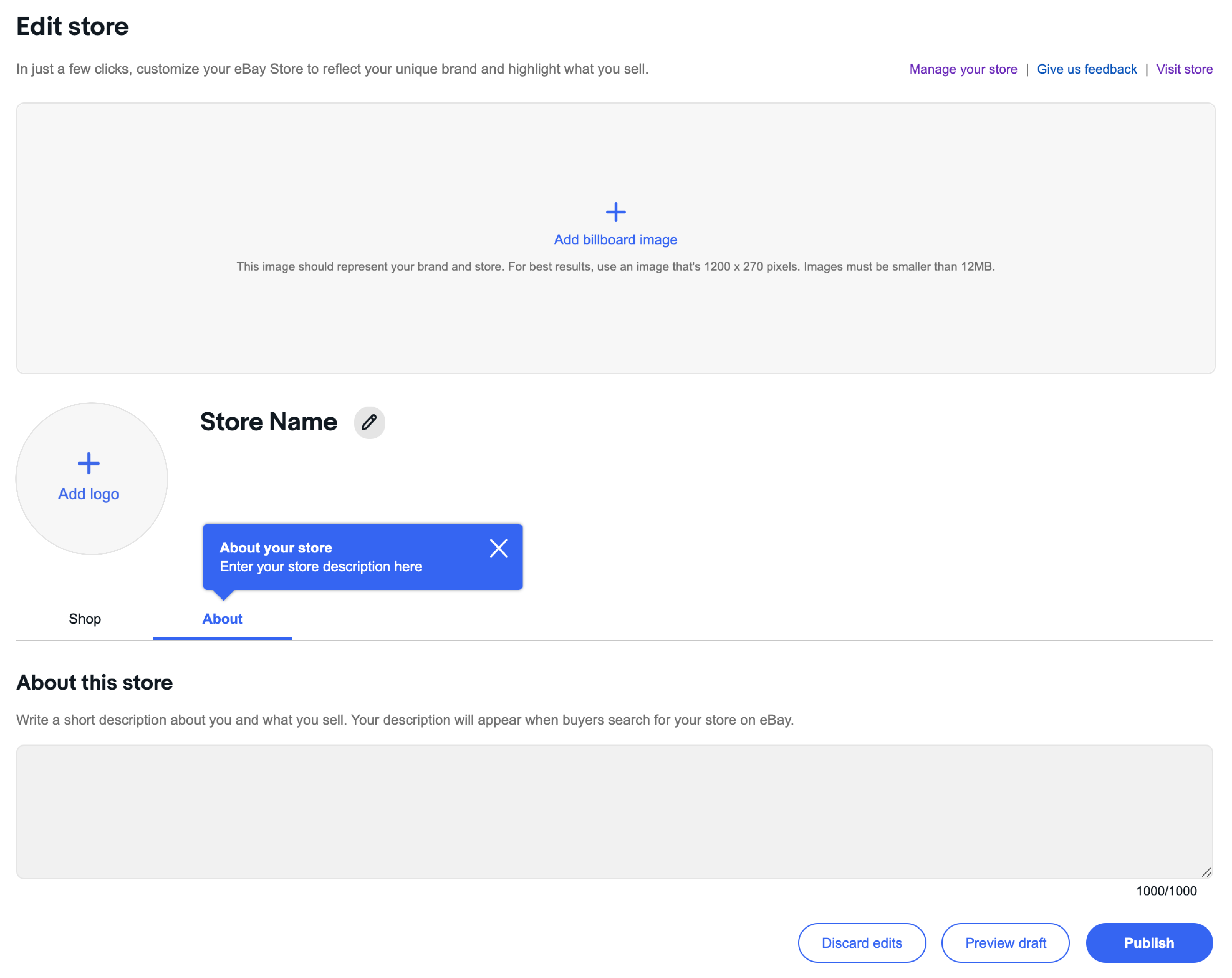 Screenshot of the Edit Store page, with fields to Add a billboard image, Add logo, and a new About tab