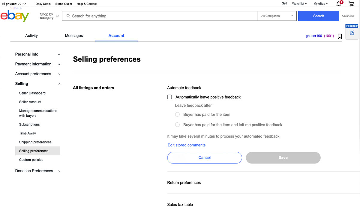 Screenshot of Account Settings. "Selling Preferences" is selected, showing the Automate Feedback option. 