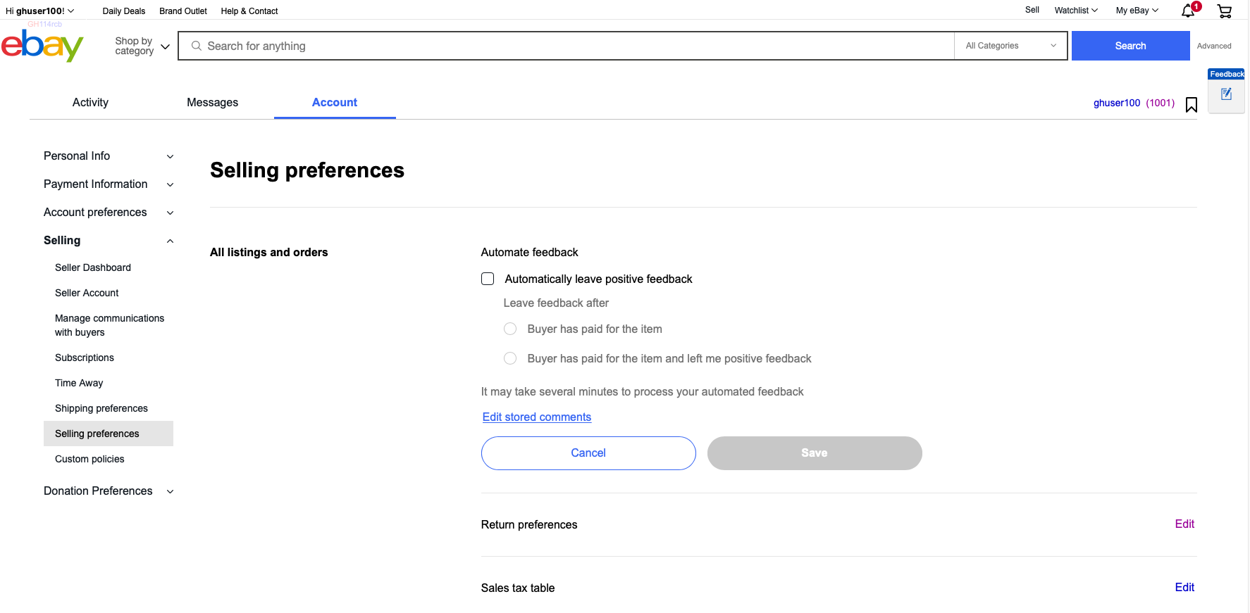 Screenshot of Account Settings. "Selling Preferences" is selected, showing the Automate Feedback option. 