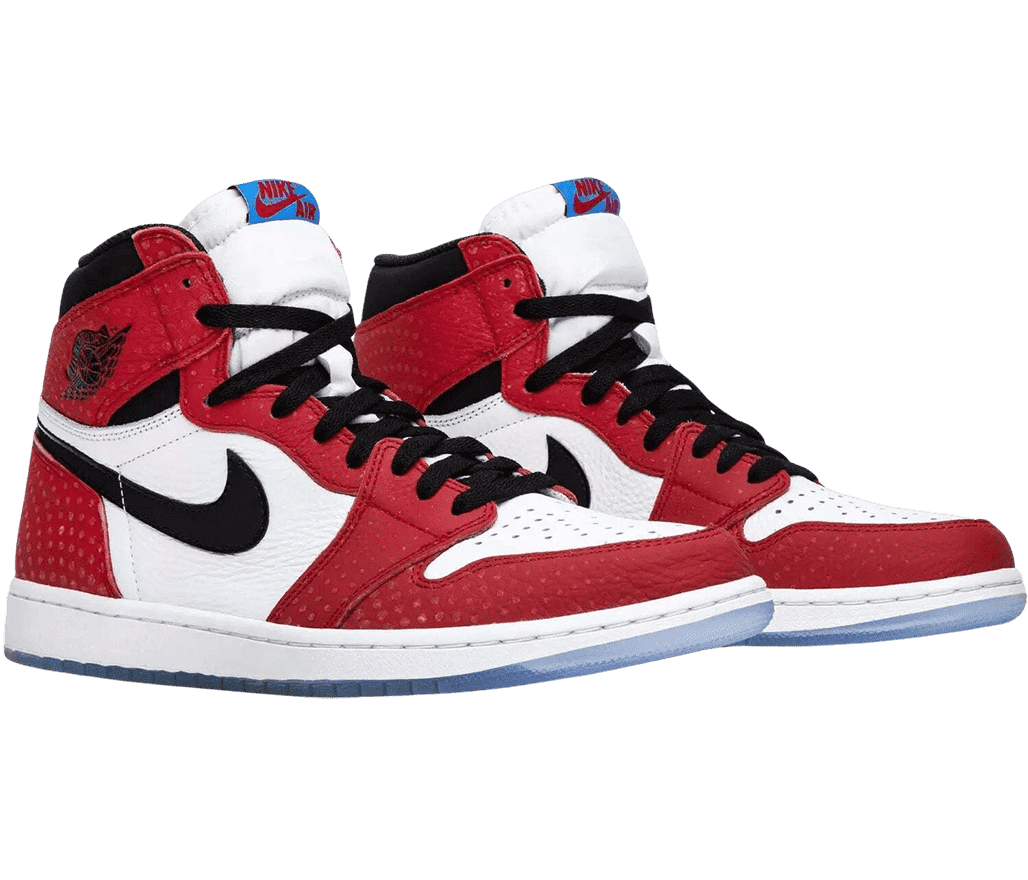 A pair of AJ1 “Spider-Man Origin Story” sneakers in white uppers, red overlays covered with faded white dots, black Swooshes, collars, and laces, and light blue semi-translucent outsoles.