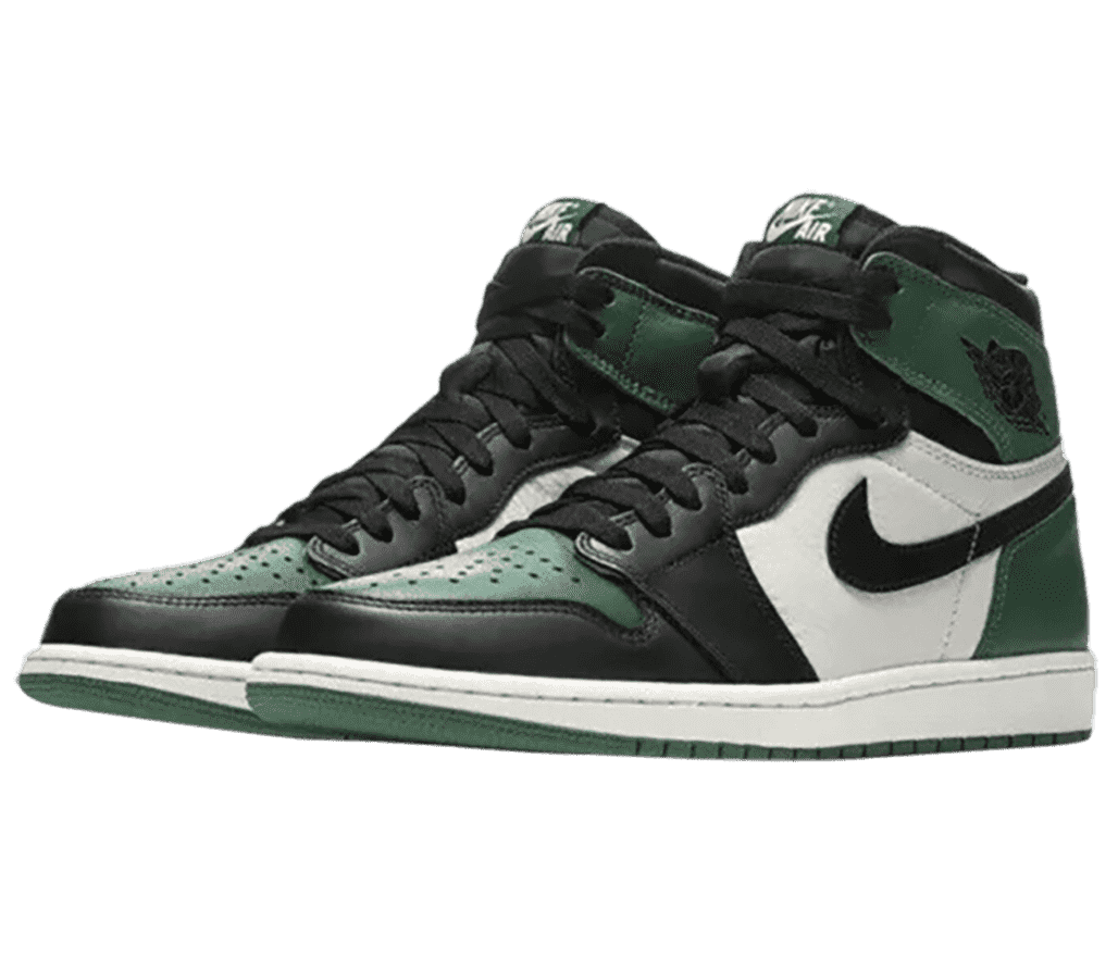 A pair of AJ1 High “Pine Green” sneakers in white quarters and midsoles, green toeboxes and outsoles, and black overlays, Swooshes, and laces.