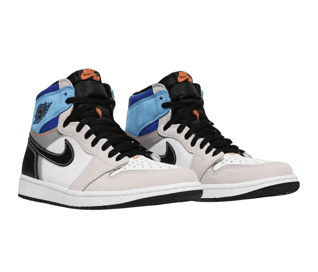 A pair of AJ1 High “Prototype” sneakers in white and cream uppers, black heels, Swooshes, tongues, and laces, blue collars, and orange details.
