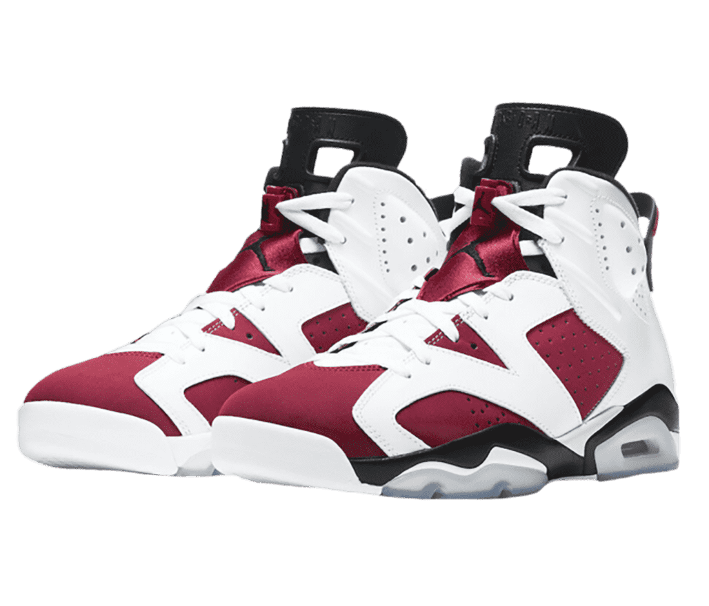A pair of AJ6 “Carmine” sneakers in maroon uppers with white overlays, black tongues and midsoles, and maroon lacelocks.