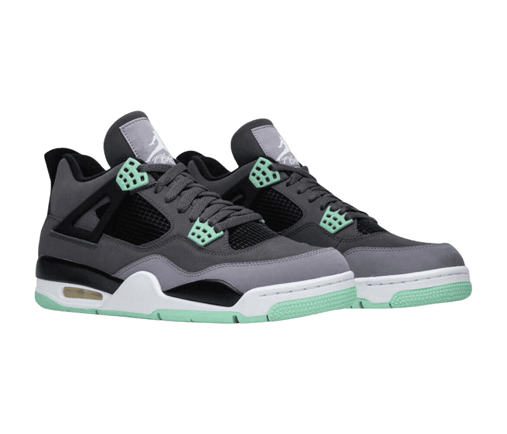 A pair of AJ4 “Green Glow” sneakers with suede uppers in different shades of gray, black lining, white midsoles, and mint lace cages and outsoles.