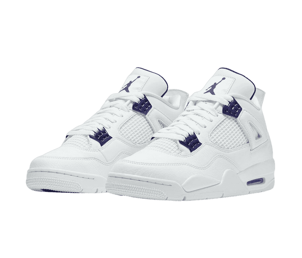 A pair of AJ4 “Metallic Purple” sneakers in all-white with dark purple lace cages, tongue lining, and Jumpman logos.
